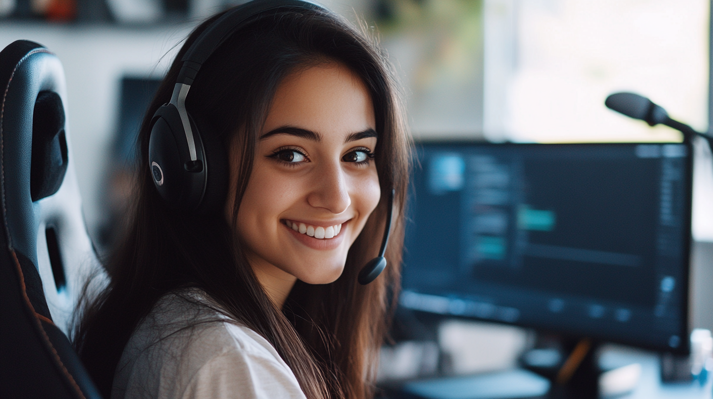 Quality photo of attractive 23-year-old female at computer desk.