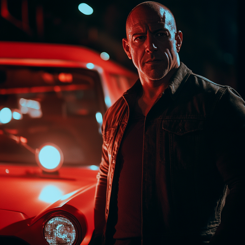 Quick Vin Diesel with car in 1950s-style movie.