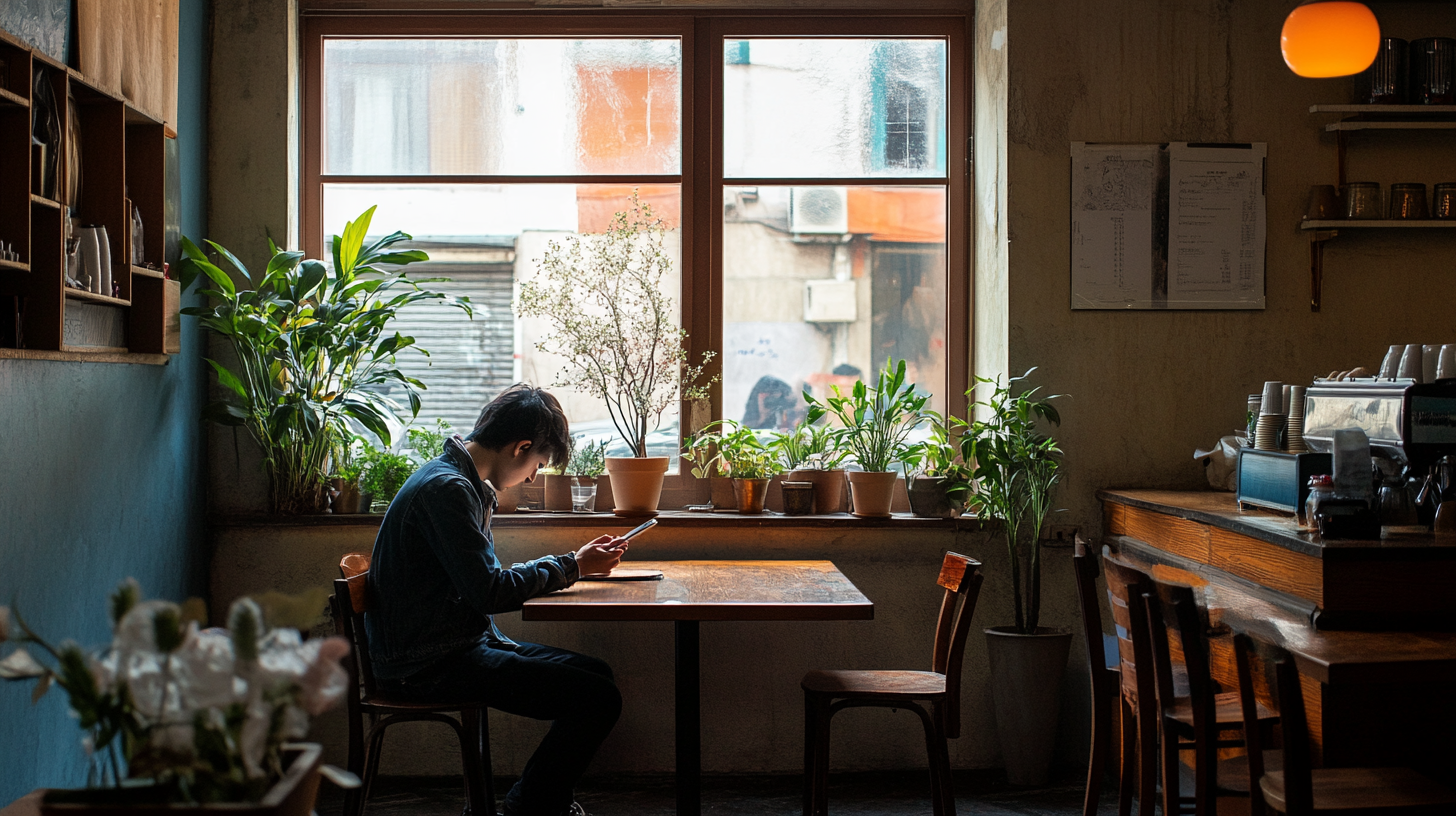 Quiet Cafe Moment: Person in Cozy Mood