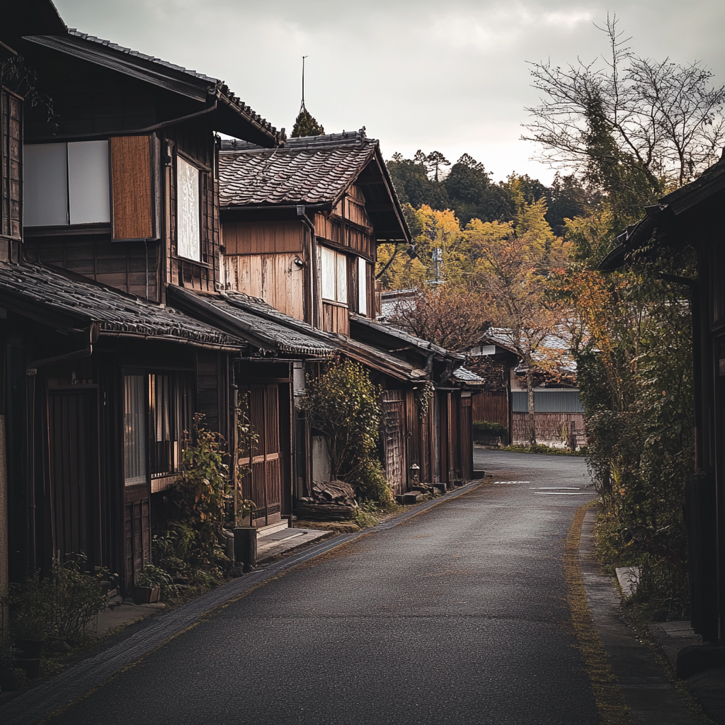 Quiet Japanese village house in autumn, photorealistic image.