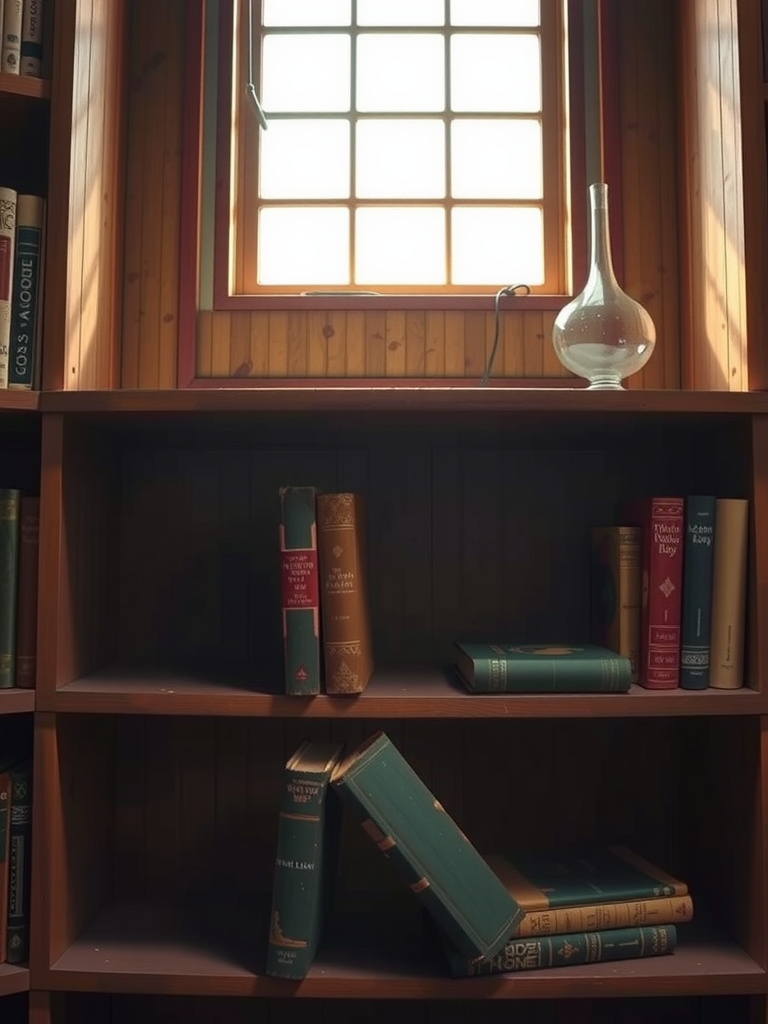 Quiet Library with Books, Dust, and Vase