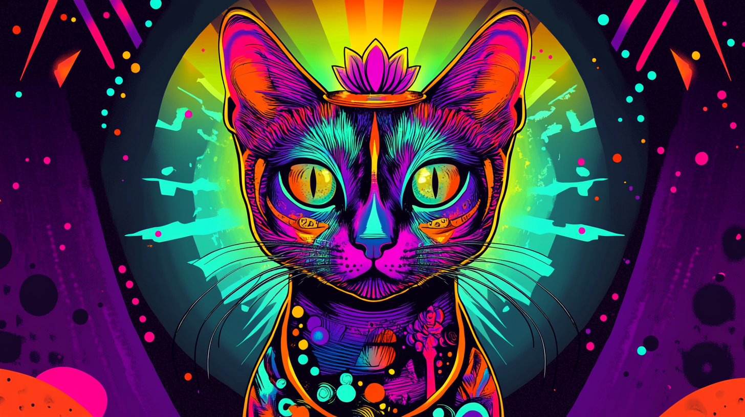 Quirky pop art cat with vibrant colors and patterns.