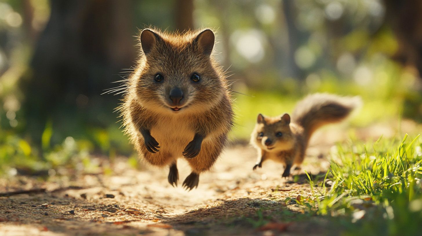 Quokka mother runs, leaves baby near hungry fox. Sunny.