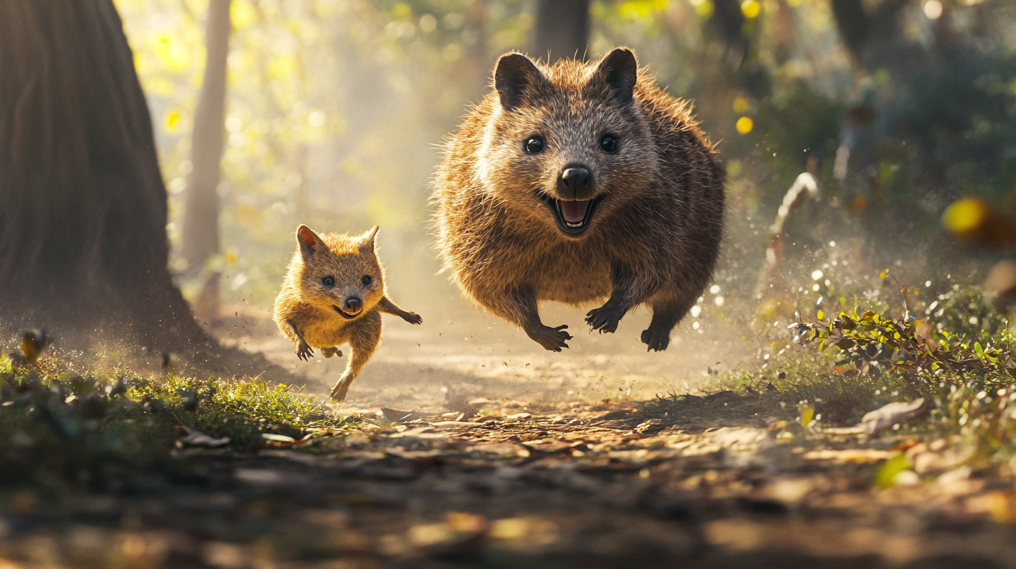 Quokka mother runs, leaving baby chased by fox predator.