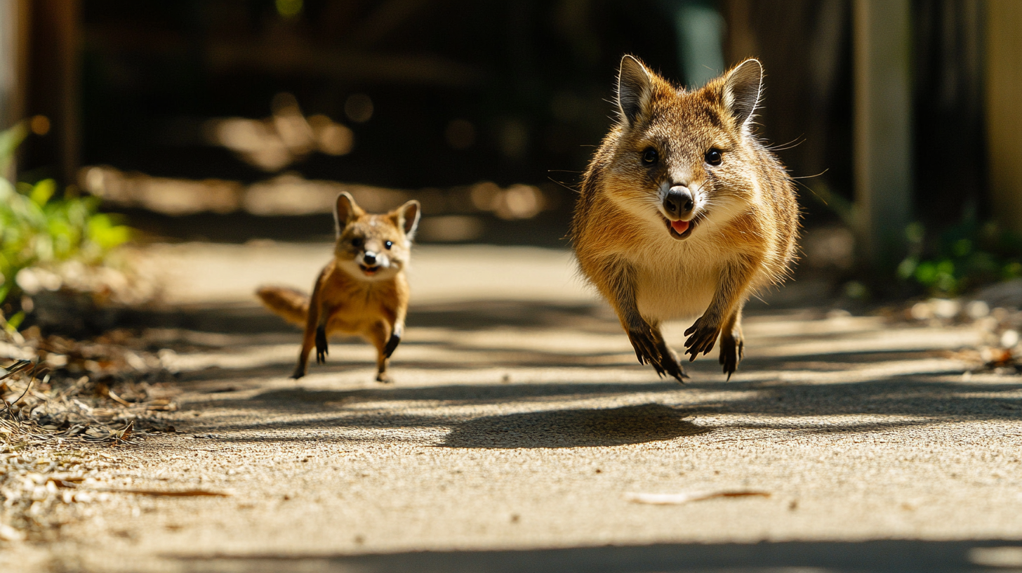 Quokka mother runs towards camera, leaves baby behind. Baby faces fox, fox approaches to eat. Sunny tropical atmosphere.