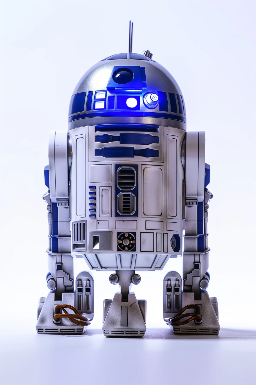 R2D2 with LED glowing eyes, sensors, elegant aesthetic.