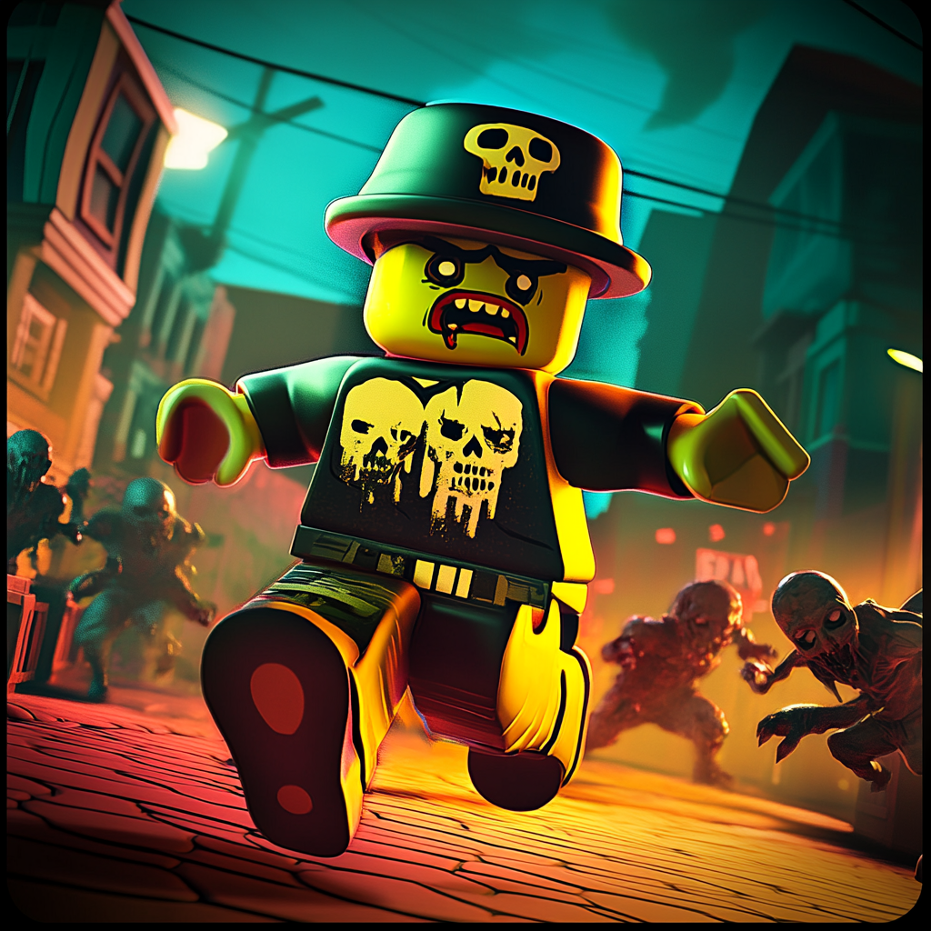 ROBLOX player running from zombies, jumping obstacles. Bright colors.