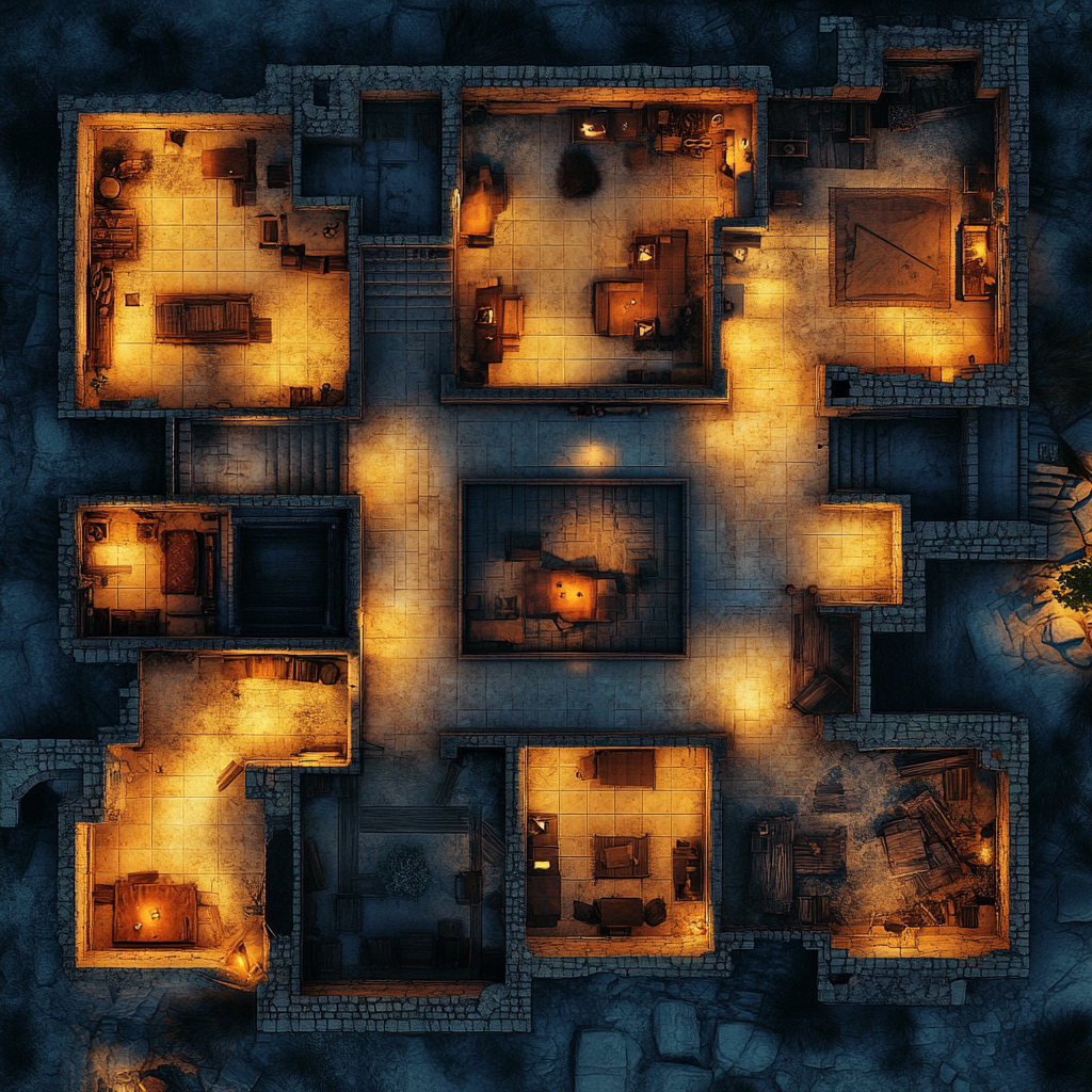 RPG map of a fort ground floor at night