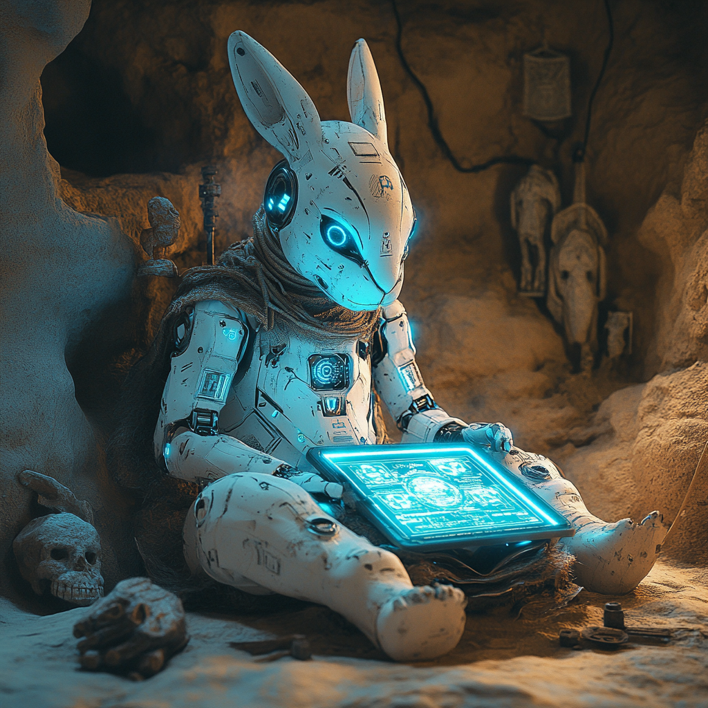 Rabbit Robot Coding in Prehistoric-Futuristic Cave