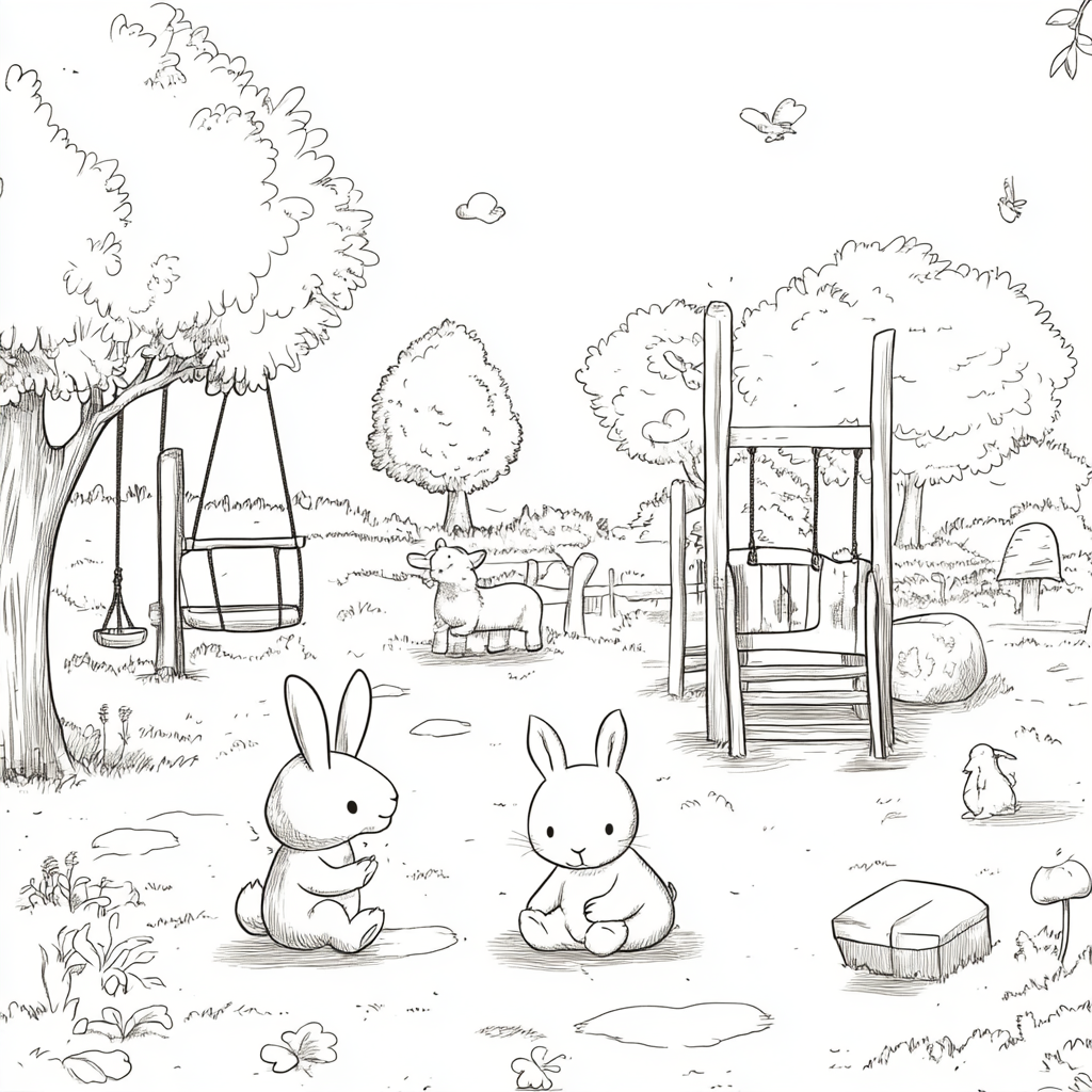 Rabbit and Bear on Playground Coloring Page