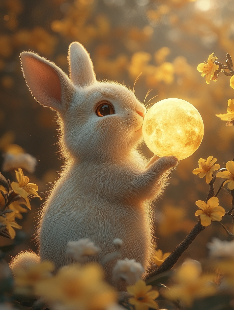 Rabbit holding moon, osmanthus tree, clouds, flowers, moonlight, Pixar-style.