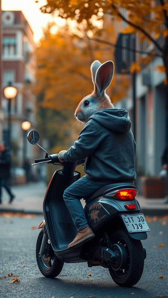 Rabbit in Hoodie on Scooter in Urban Autumn Street