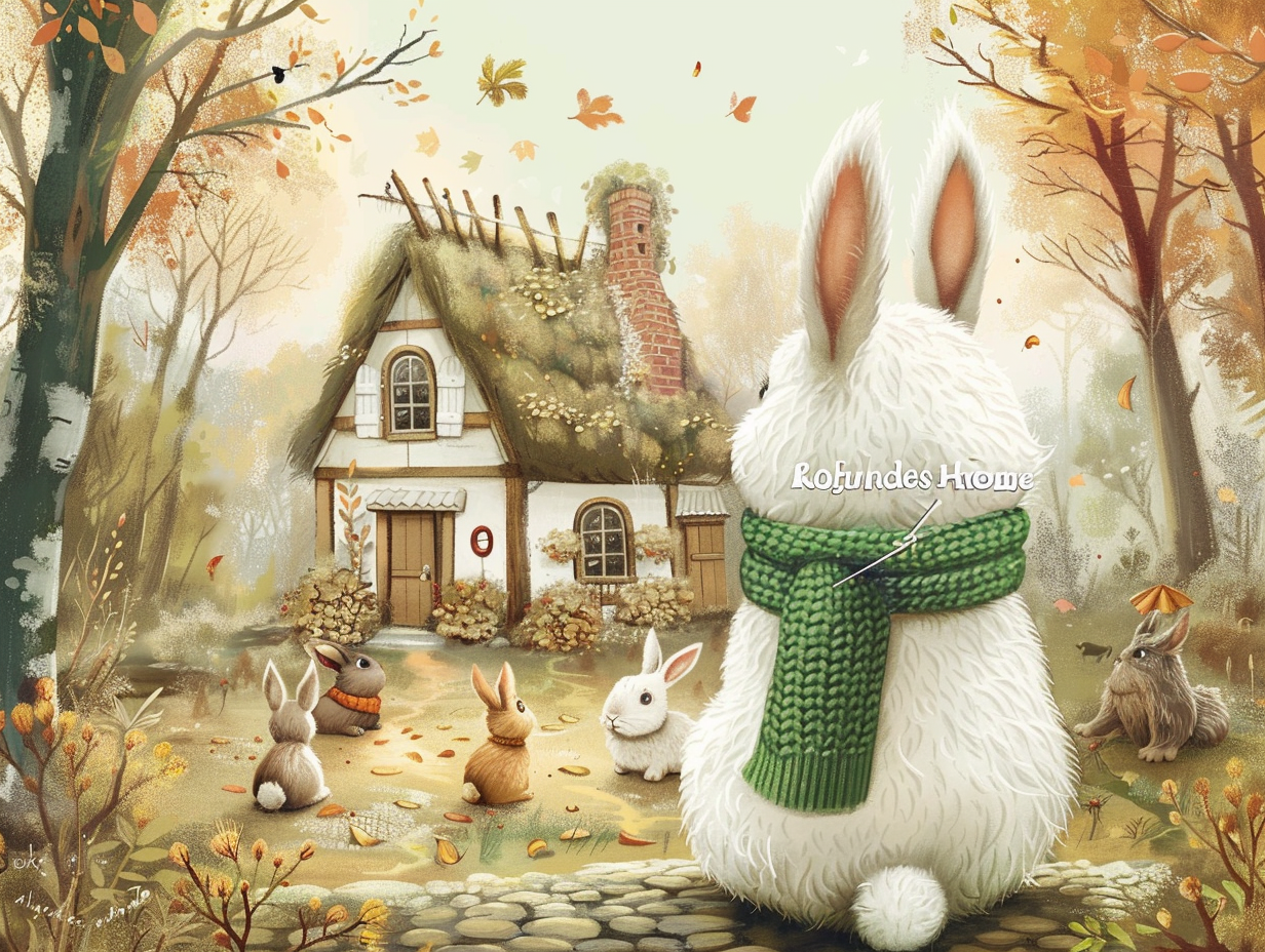 Rabbit in green scarf looks at new forest home.