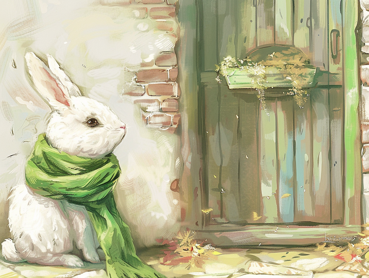 Rabbit wearing green scarf, looking at new house.