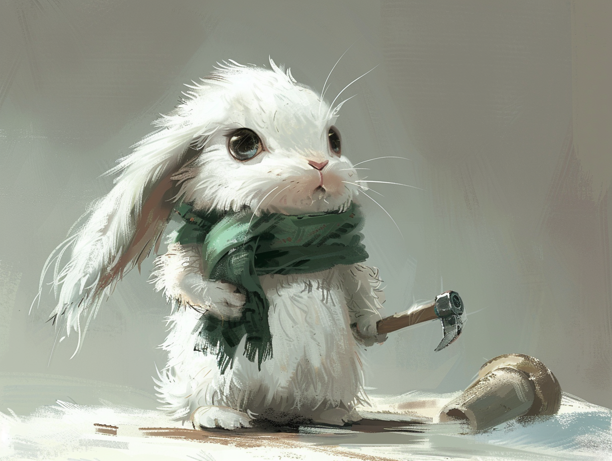 Rabbit with green scarf, determined to rebuild homes.