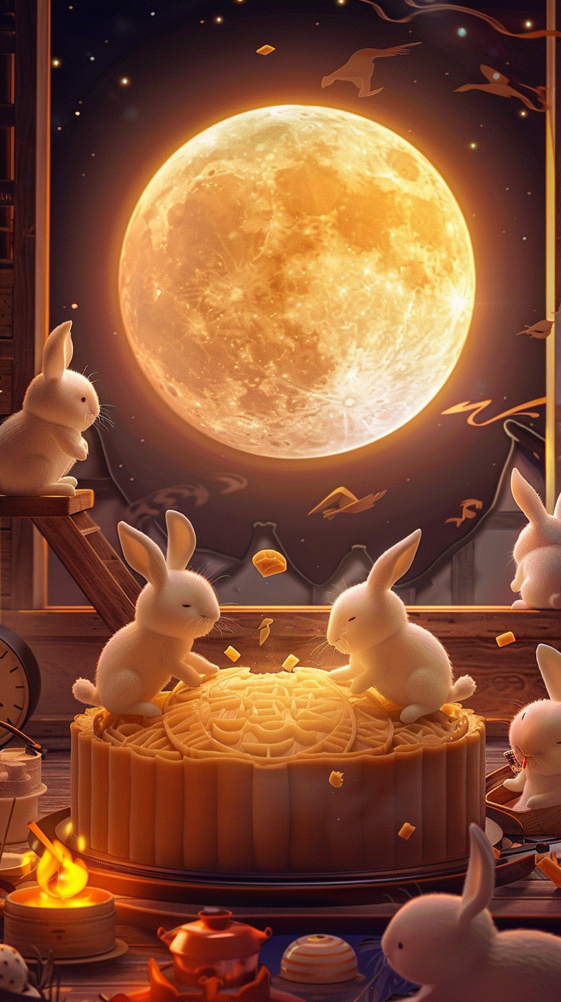 Rabbits making moon cakes on assembly line at night.