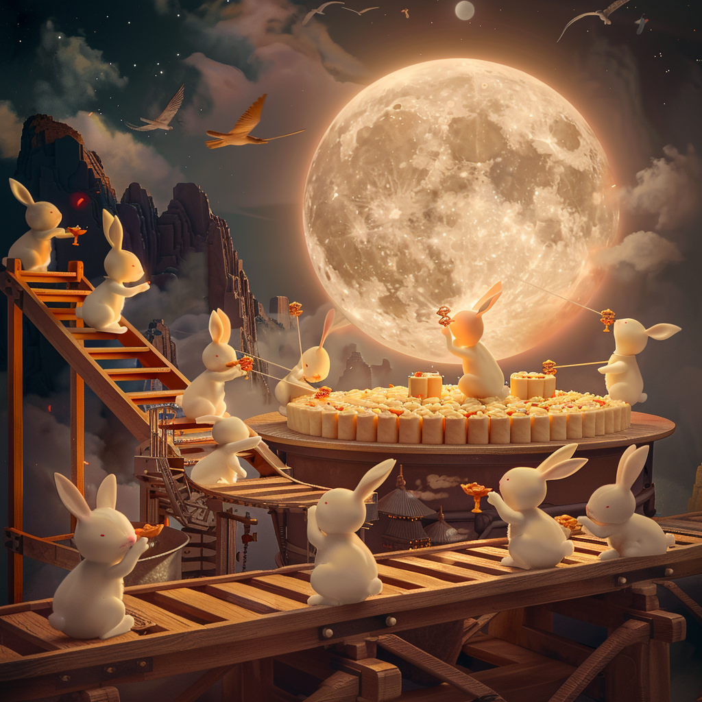 Rabbits making moon cakes on assembly line in moon.