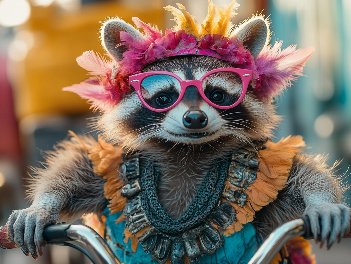 Raccoon in Colorful Costume and Accessories Riding Bicycle