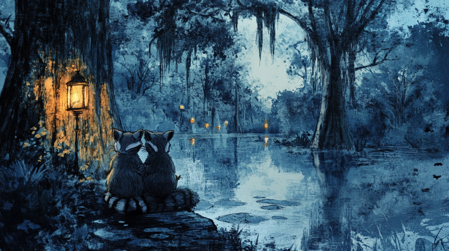 Raccoons get married in cypress swamp cathedral. Nighttime glow.