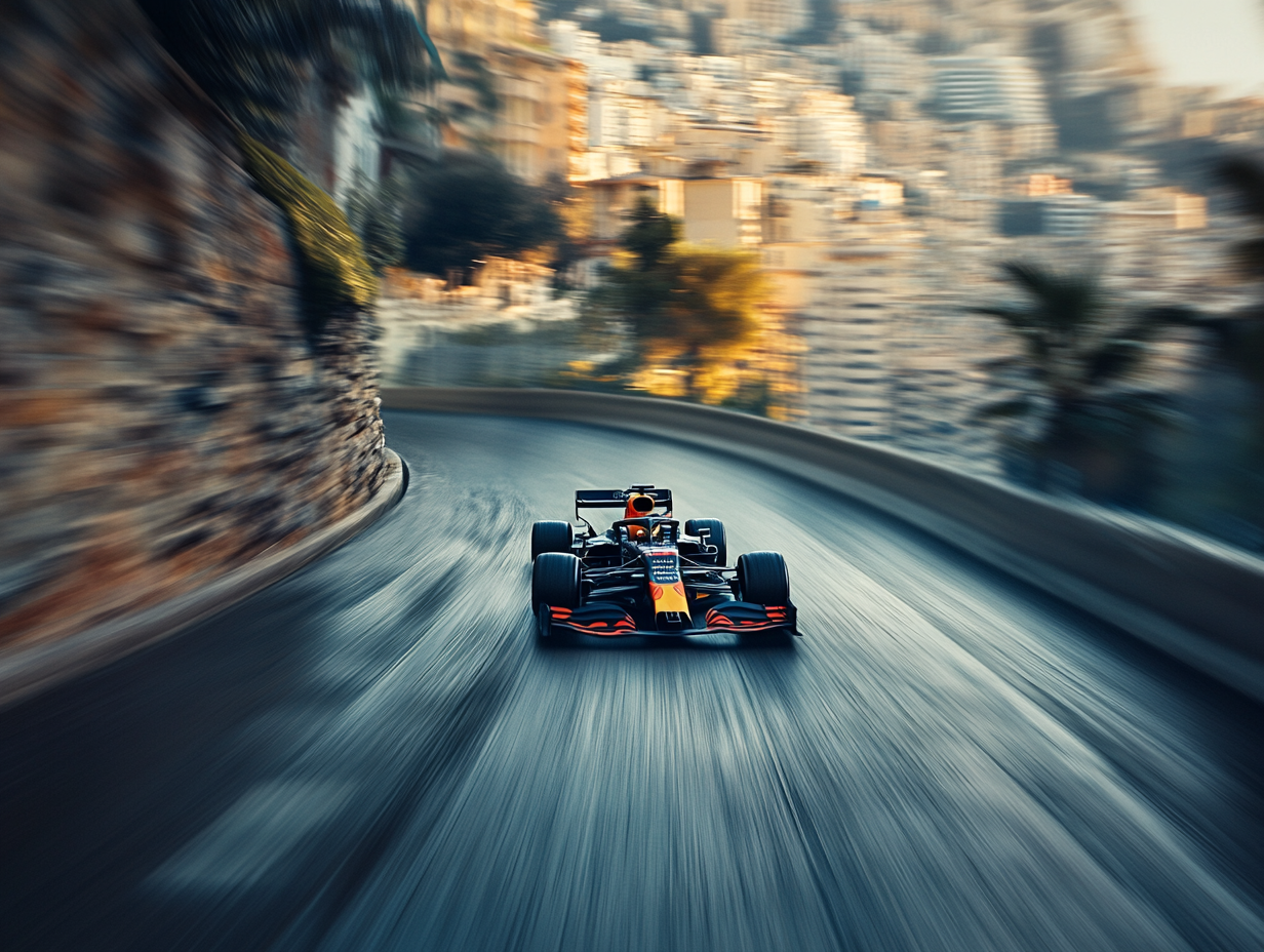 Racing Formula 1 car zooming in city.