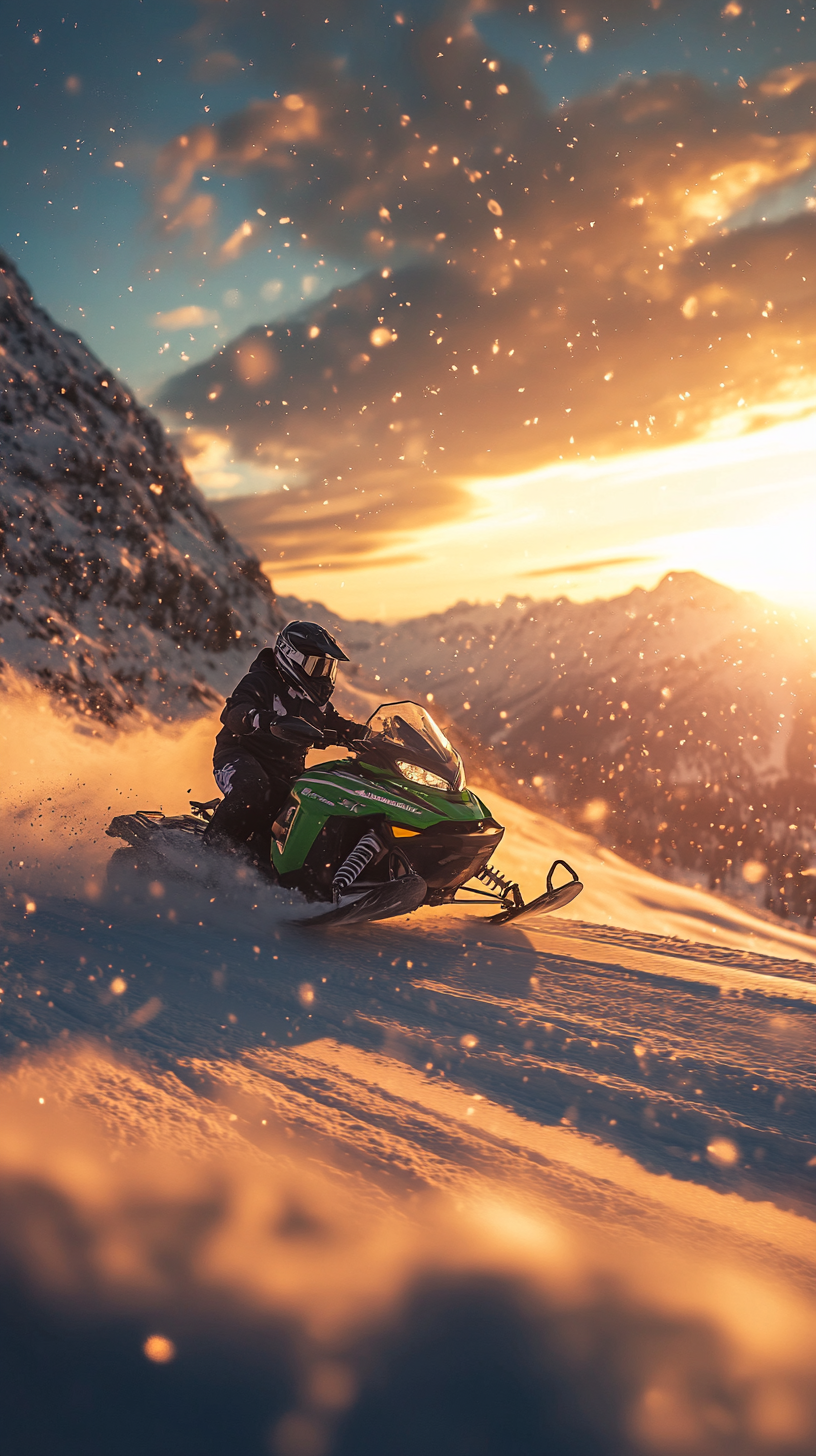 Racing Snowmobile in Swiss Alps at Sunset