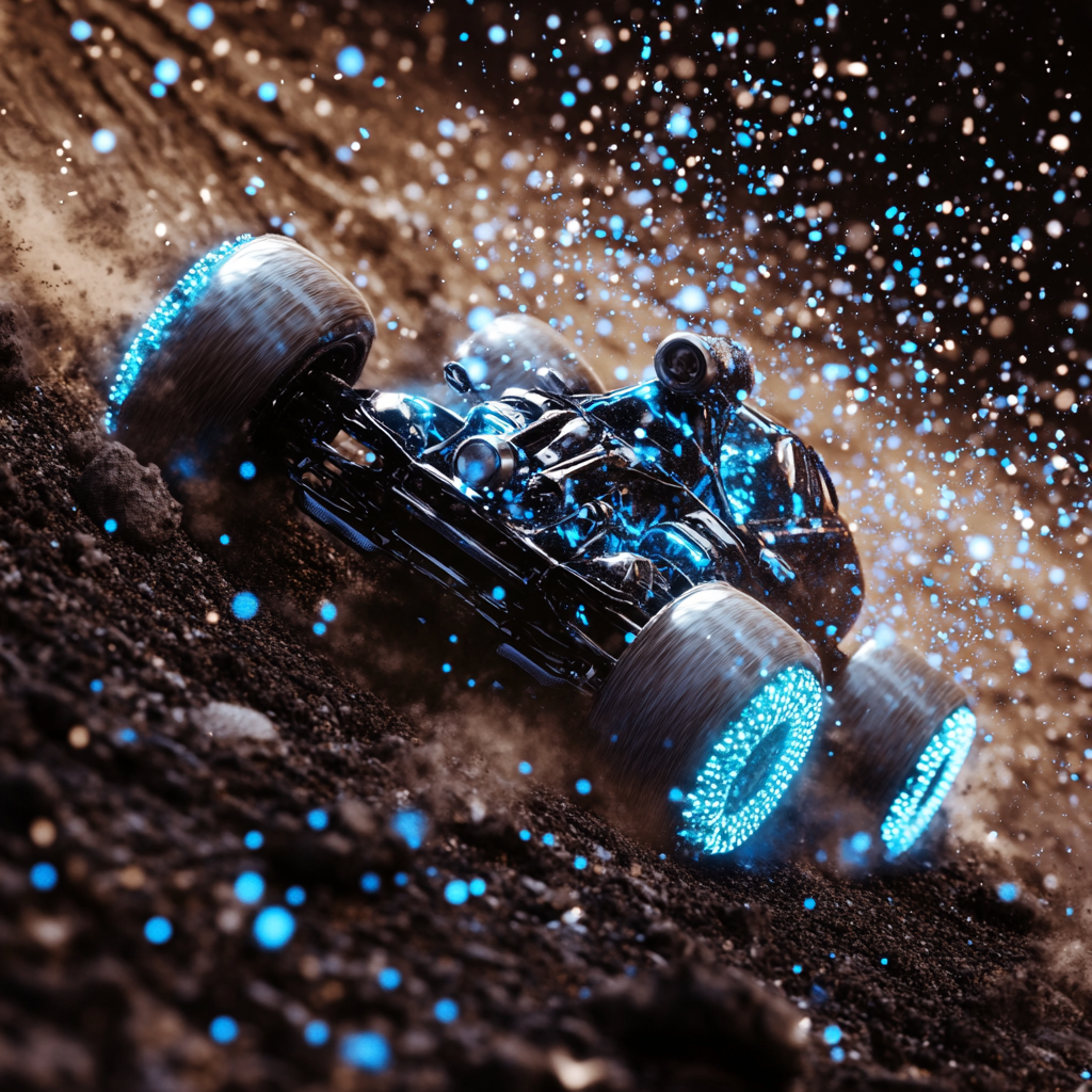 Racing car rushes with blue dots through earth soil.