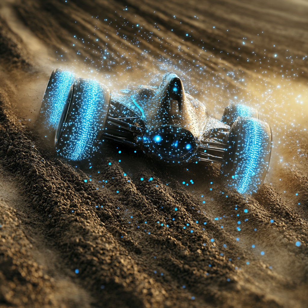 Racing car with turbines rushes through soil with fertilizer.