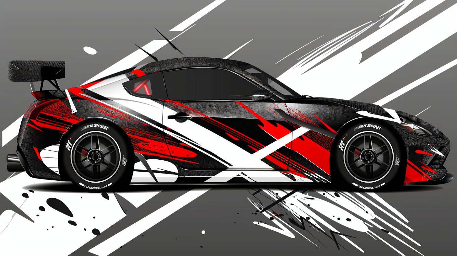 Racing-style car wrap design with geometric shapes.