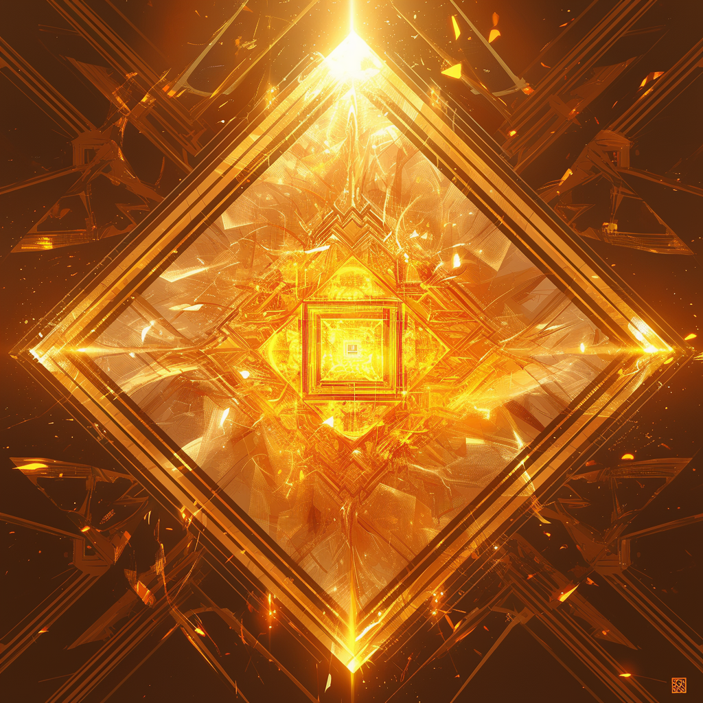 Radiant, glowing pyramid in vibrant orange with golden highlights.