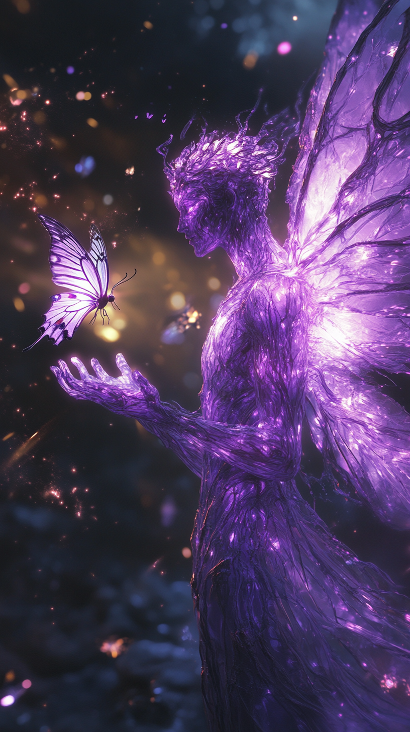 Radiant Purple Figure with a Glowing Butterfly