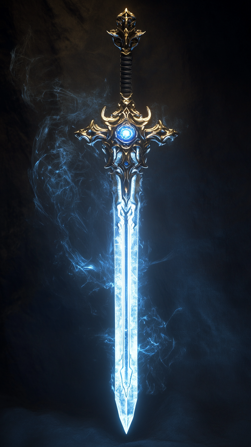 Radiant sword forged in dying star blessed by beings.