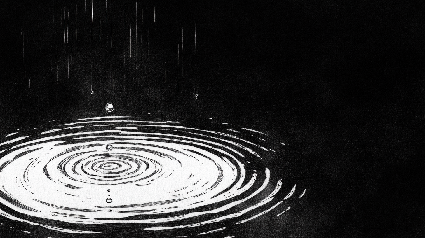 Rain drops causing ripples on water at night.