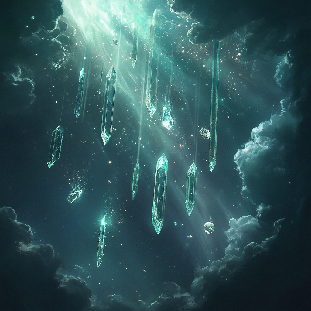 Rain of glowing crystalline shards and light orbs in space.