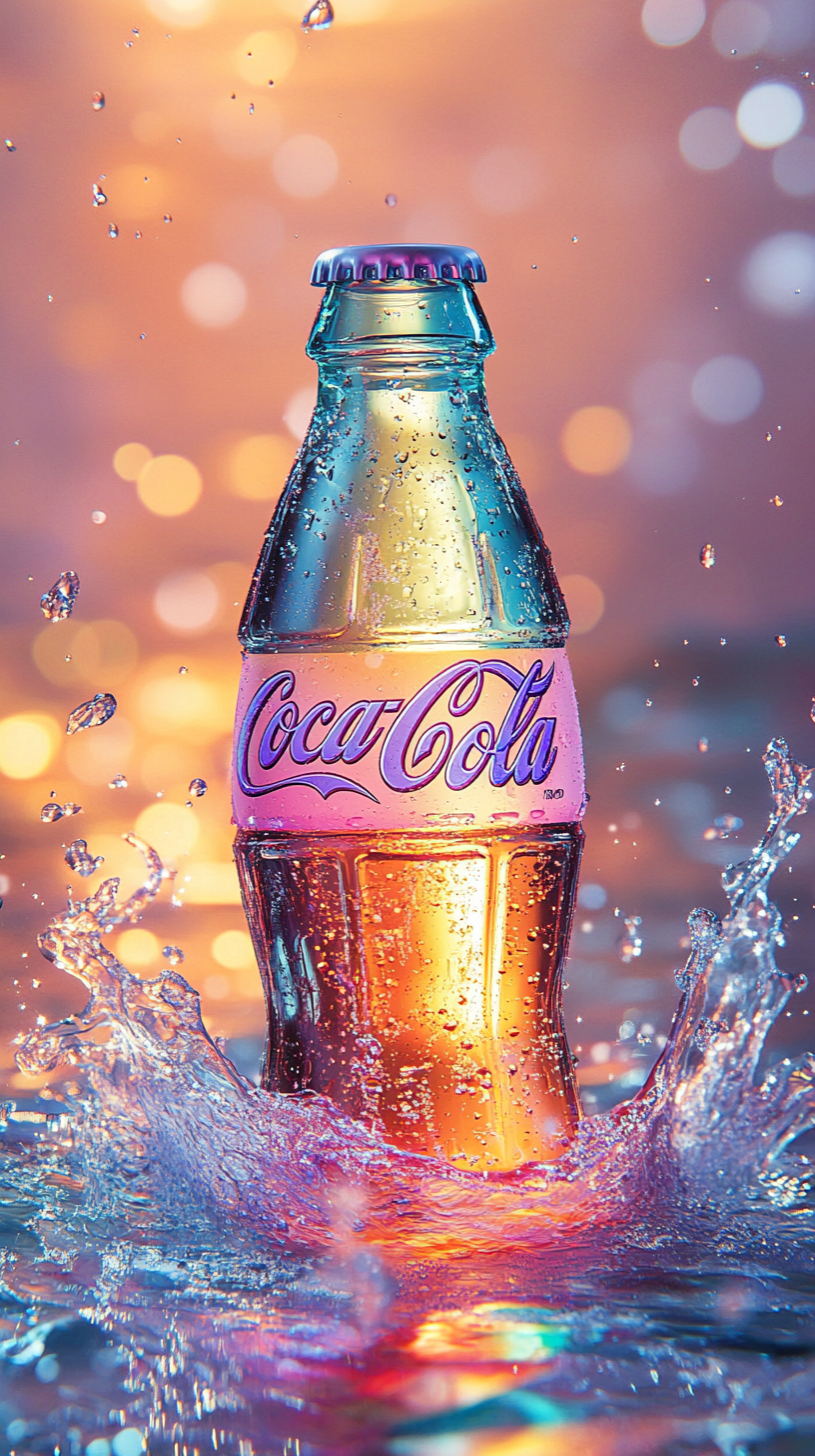 Rainbow Coca-Cola bottle in water with bubbles and droplets.