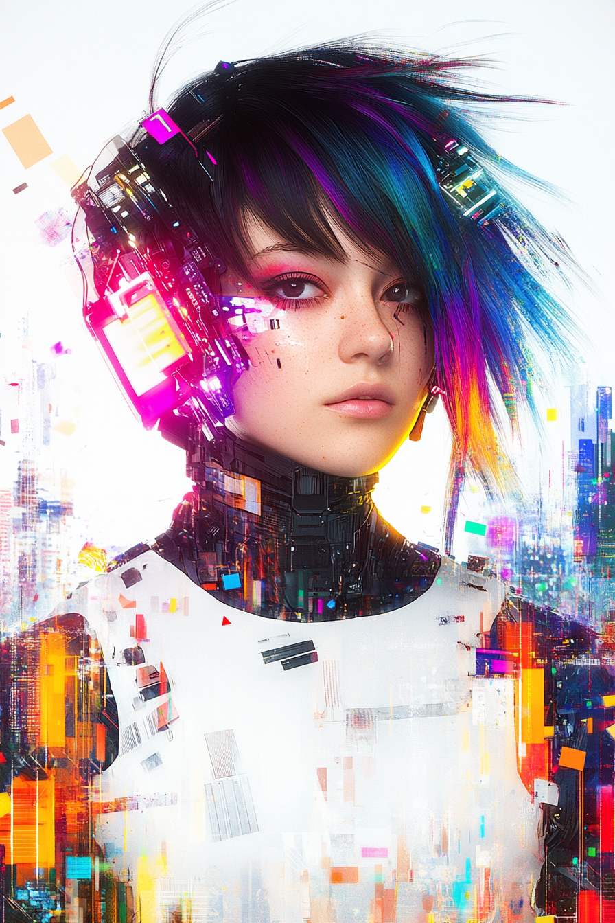 Rainbow-haired Cyberpsycho girl in cyberpunk cityscape.