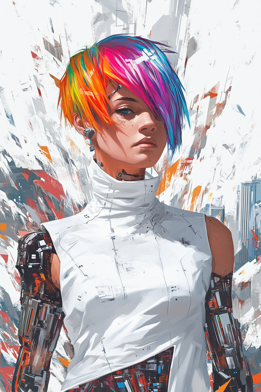 Rainbow-haired Cyberpsycho girl in cyberpunk world chaos.