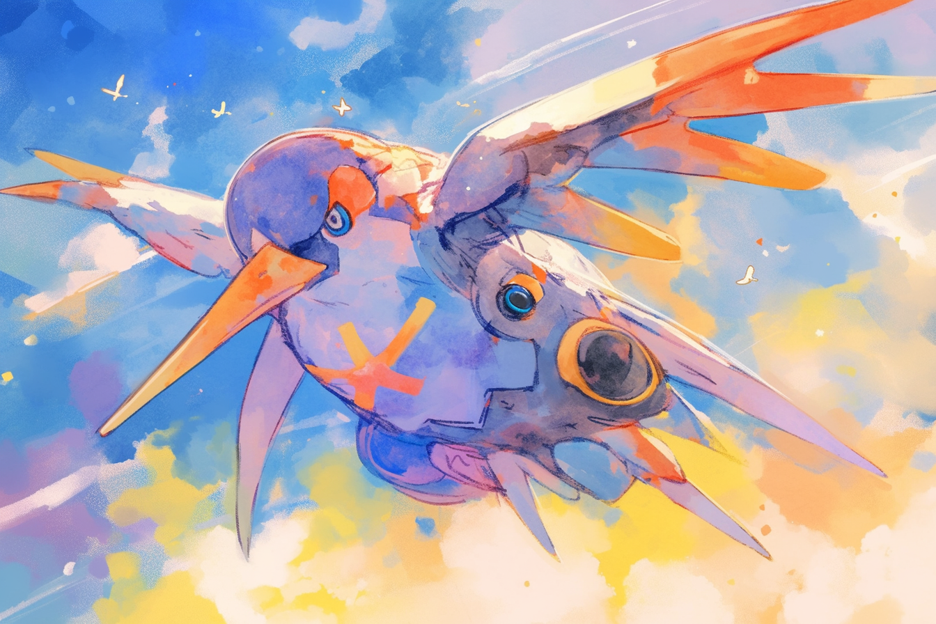 Rainbow puffin Pokemon flying with rainbow guns