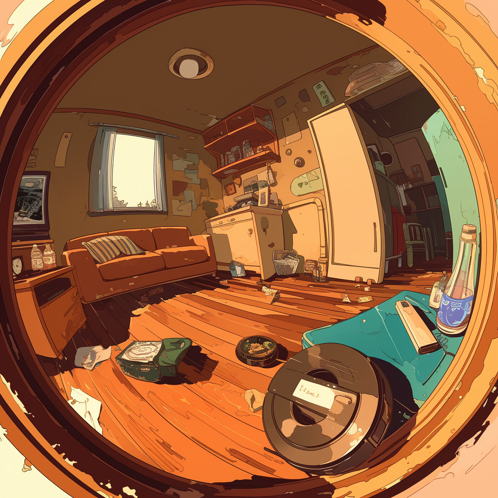 Rainy Day Living Room Fisheye View, Ghibli Style