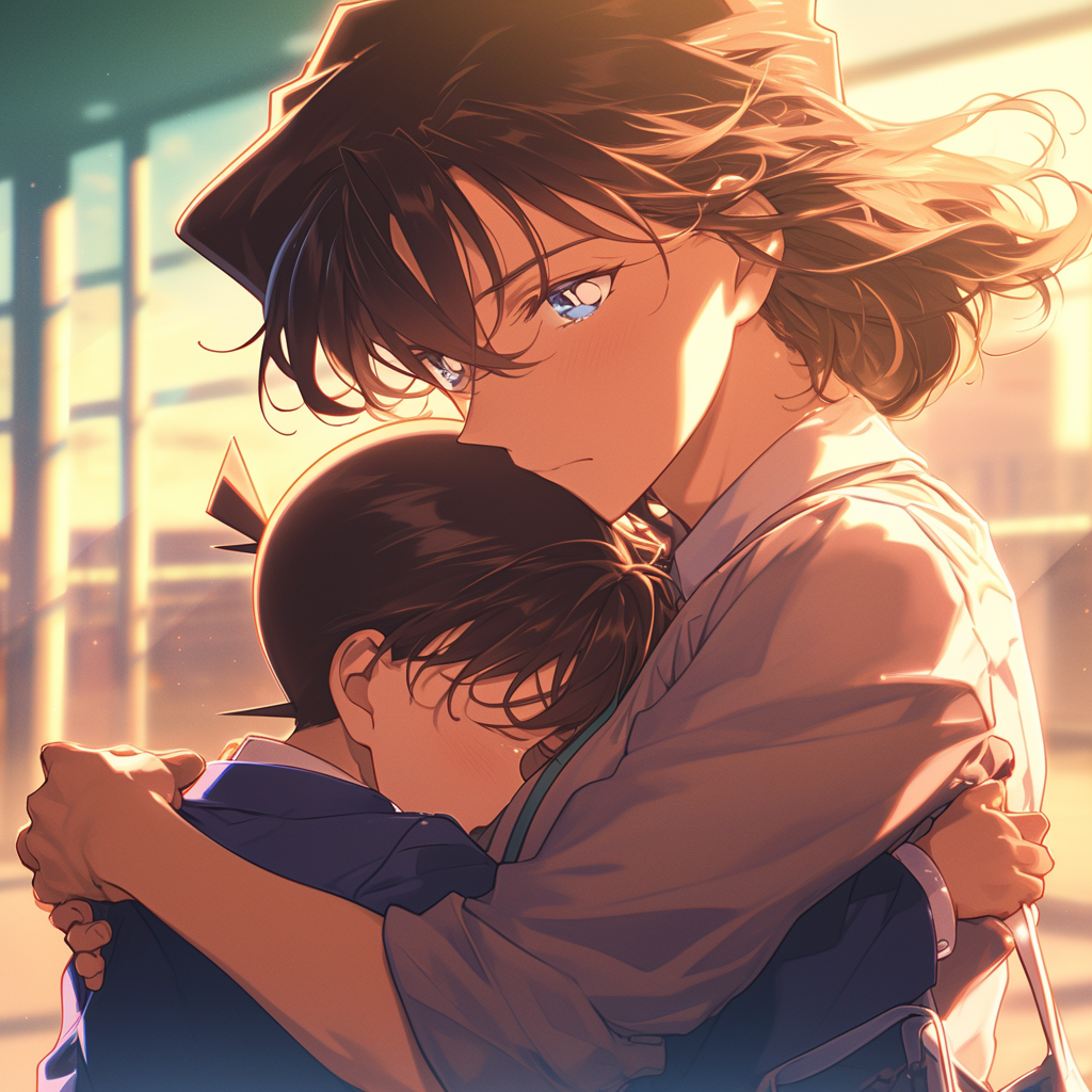 Ran hugging girl Conan in school setting