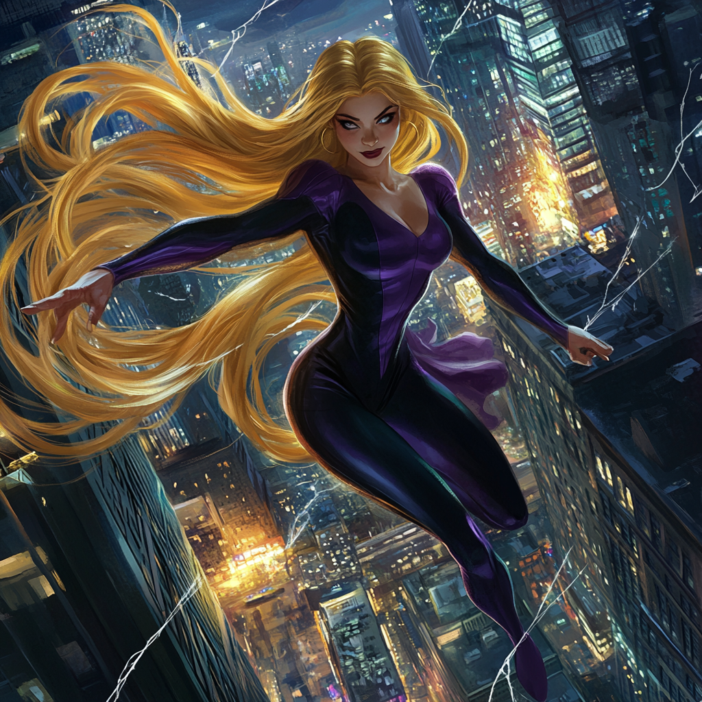 Rapunzel as Spider-Woman, swinging with golden silk hair.