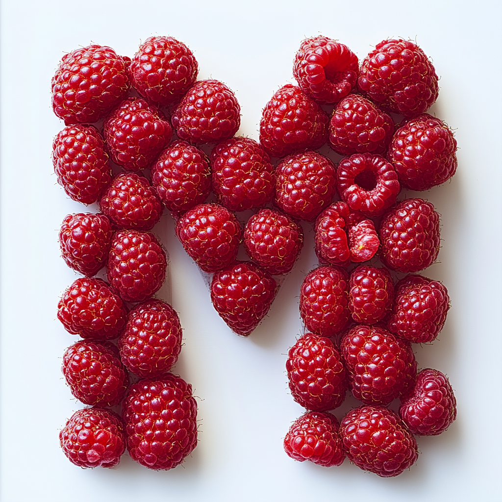 Raspberry letter 'מ' mimicking Hebrew font structure. Blend natural and clean lines for artistic feel.