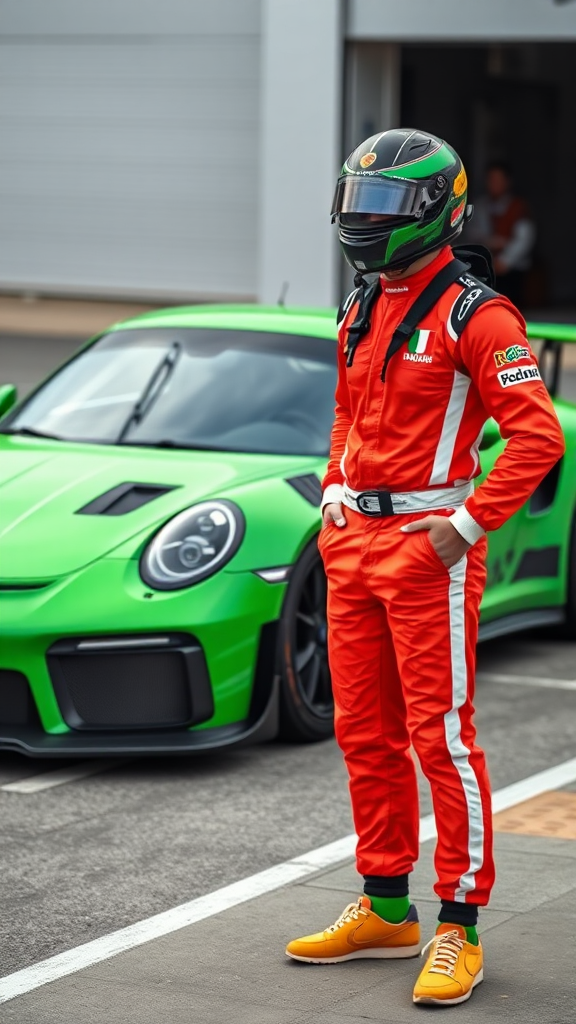 Rastaman race car driver beside green Porche 911.