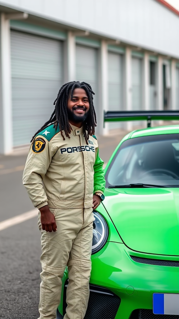 Rastaman race car driver standing by green Porsche.