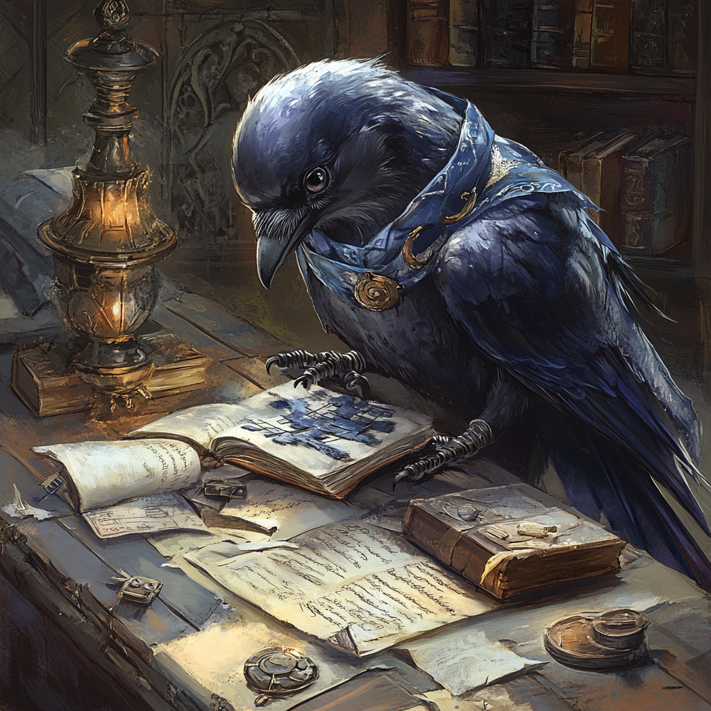 Ravenclaw raven solves puzzle surrounded by mystical artifacts.