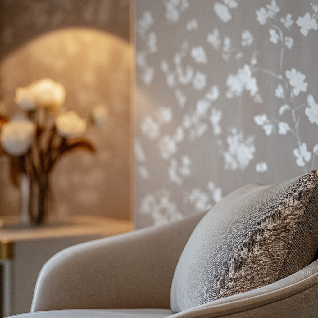 Reading nook wall with neutral chair in background.