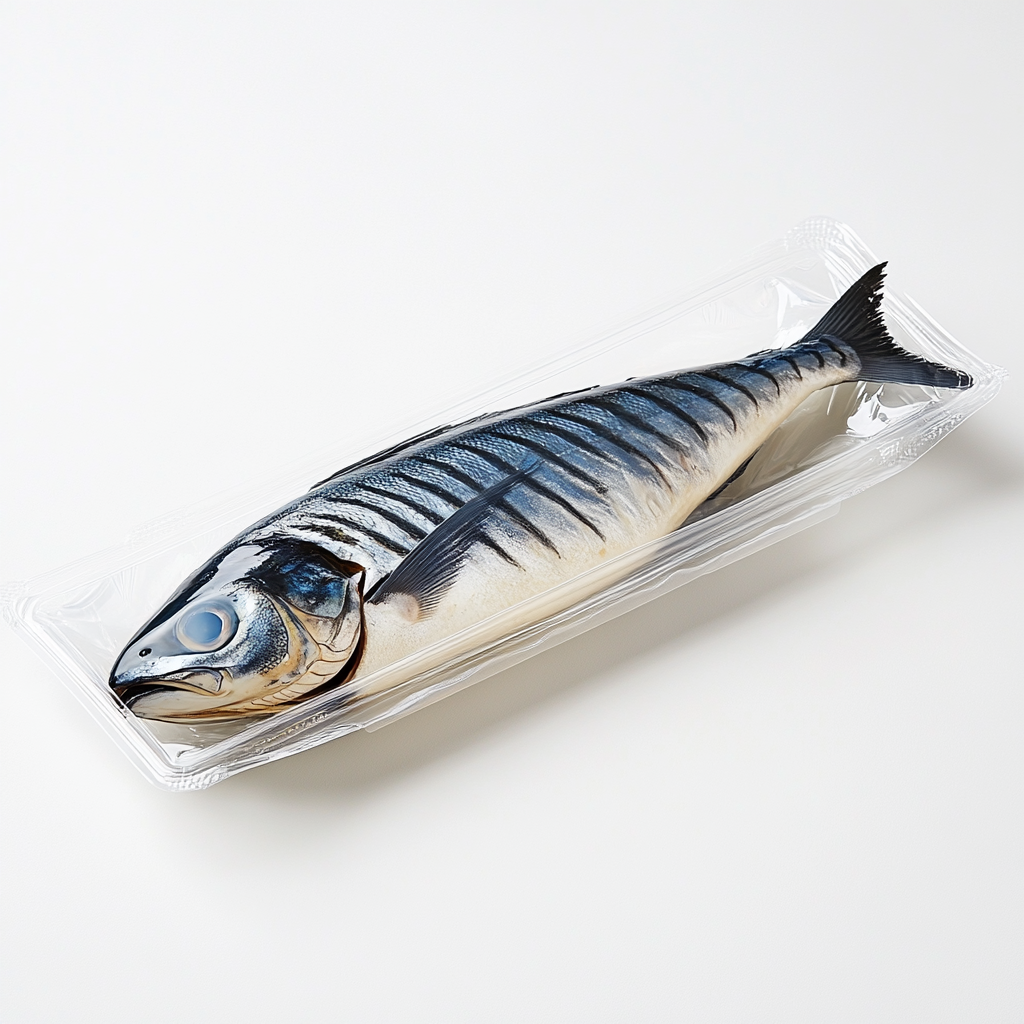 Ready-to-eat fish packaging for supermarket, Mediterranean style, luxurious.