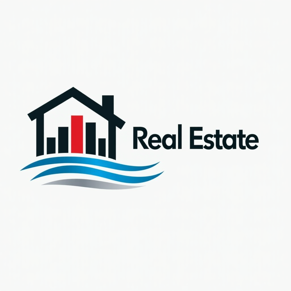 Real Estate Logo with House, Trees, Sunshine