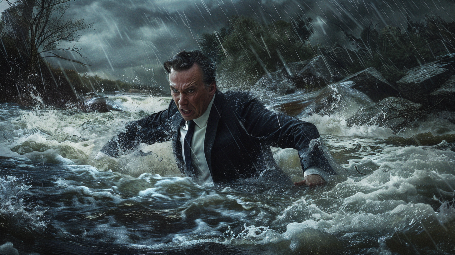 Real estate agent in suit fights river current bravely.