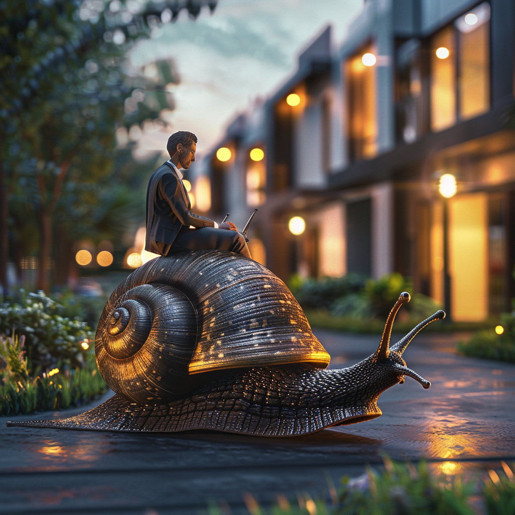 Real estate agent on oversized snail in modern neighborhood.