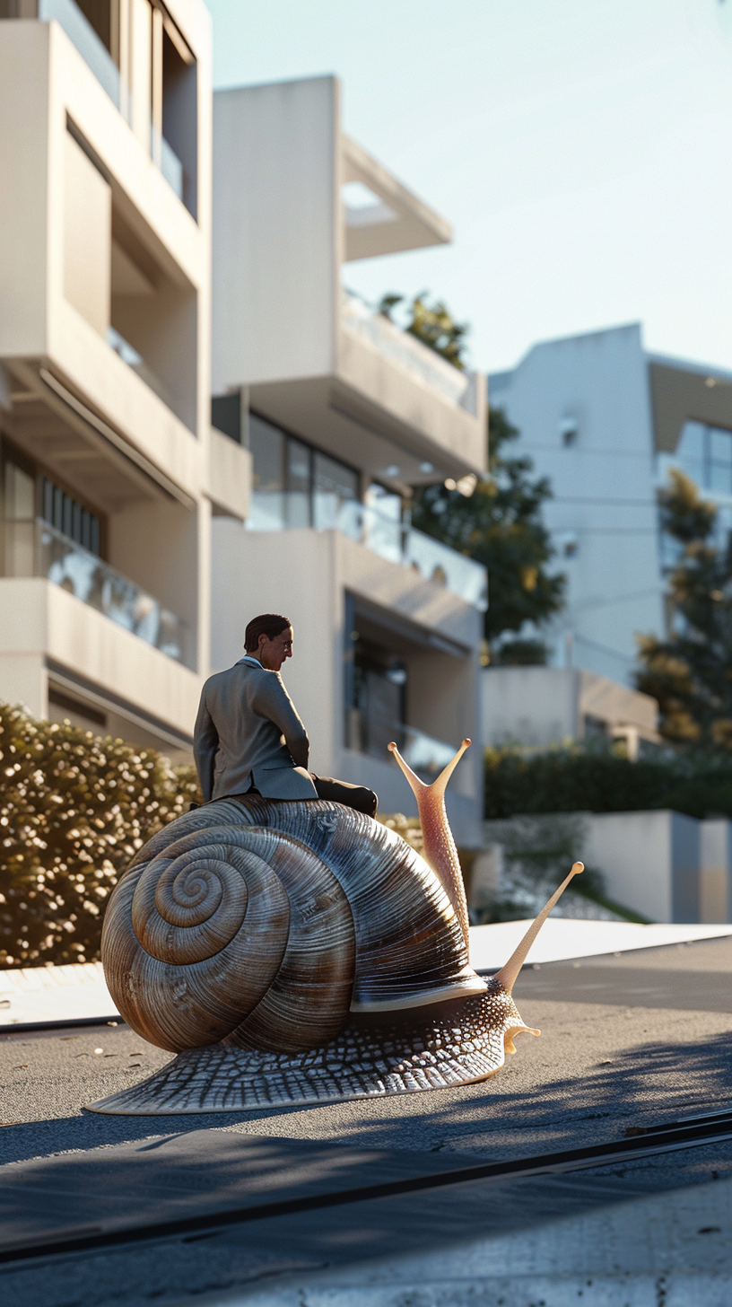 Real estate agent on sad oversized snail in modern neighborhood.